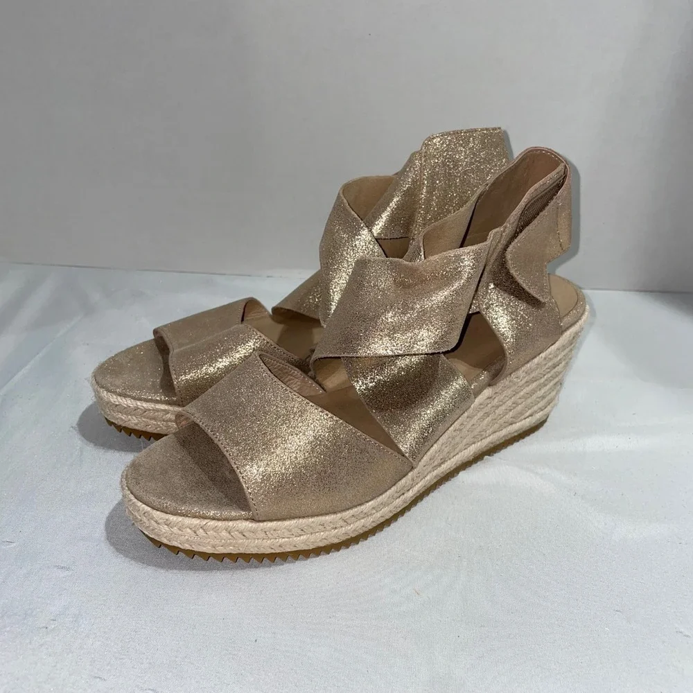 Eileen Fisher Gold Metallic Suede Espadrille Wedge Sandals Womens Strappy Shoes